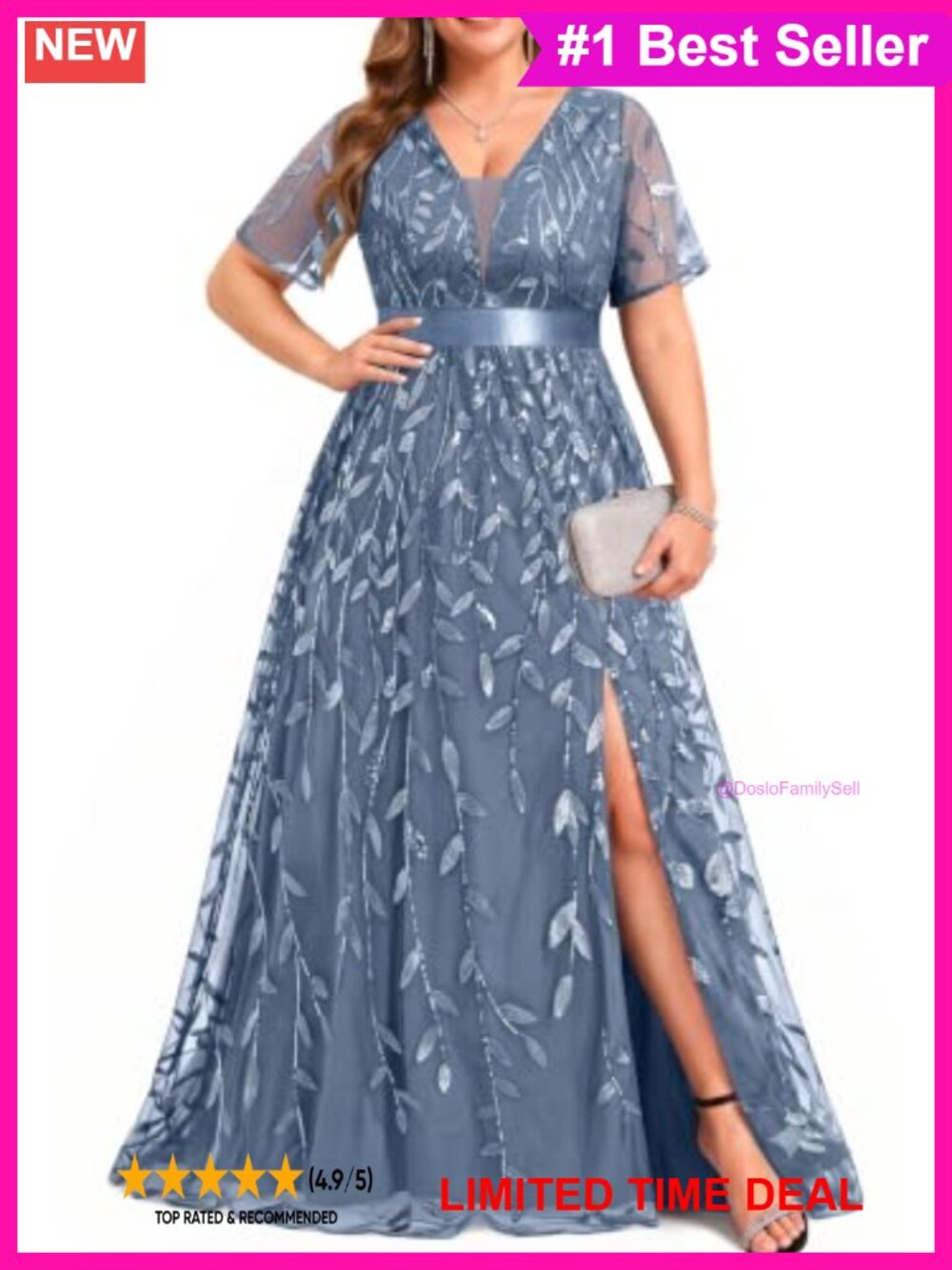 Plus Size Formal Sequin Embroidery Maxi Dress Flutter Sleeve Evening Gown